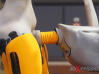 Futa sex robot face fucks a female alien in the sci-fi lab