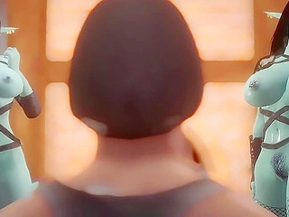 Sexy elf with huge tits gives a blowjob then shares in a 3some with her friend