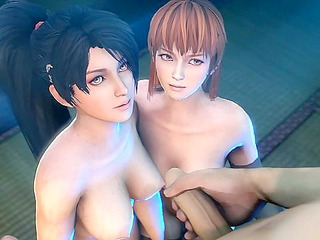 Yoshiwara Rose - Old Japanese guy gets his dick sucked by two 3d animated hookers