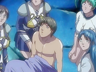 Busty blonde uses a double ended dildo on her anime schoolgirl slave