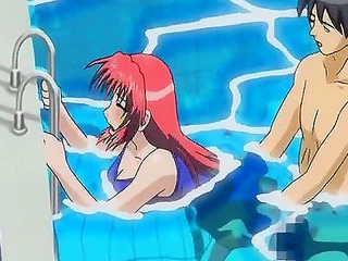 Sexy anime redhead gets fucked underwater in a swimming pool while talking to friends